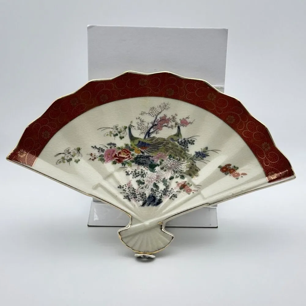 Satsuma 1979 Peacock Floral Porcelain Fan Shaped Pedestal Dish Gold Trim